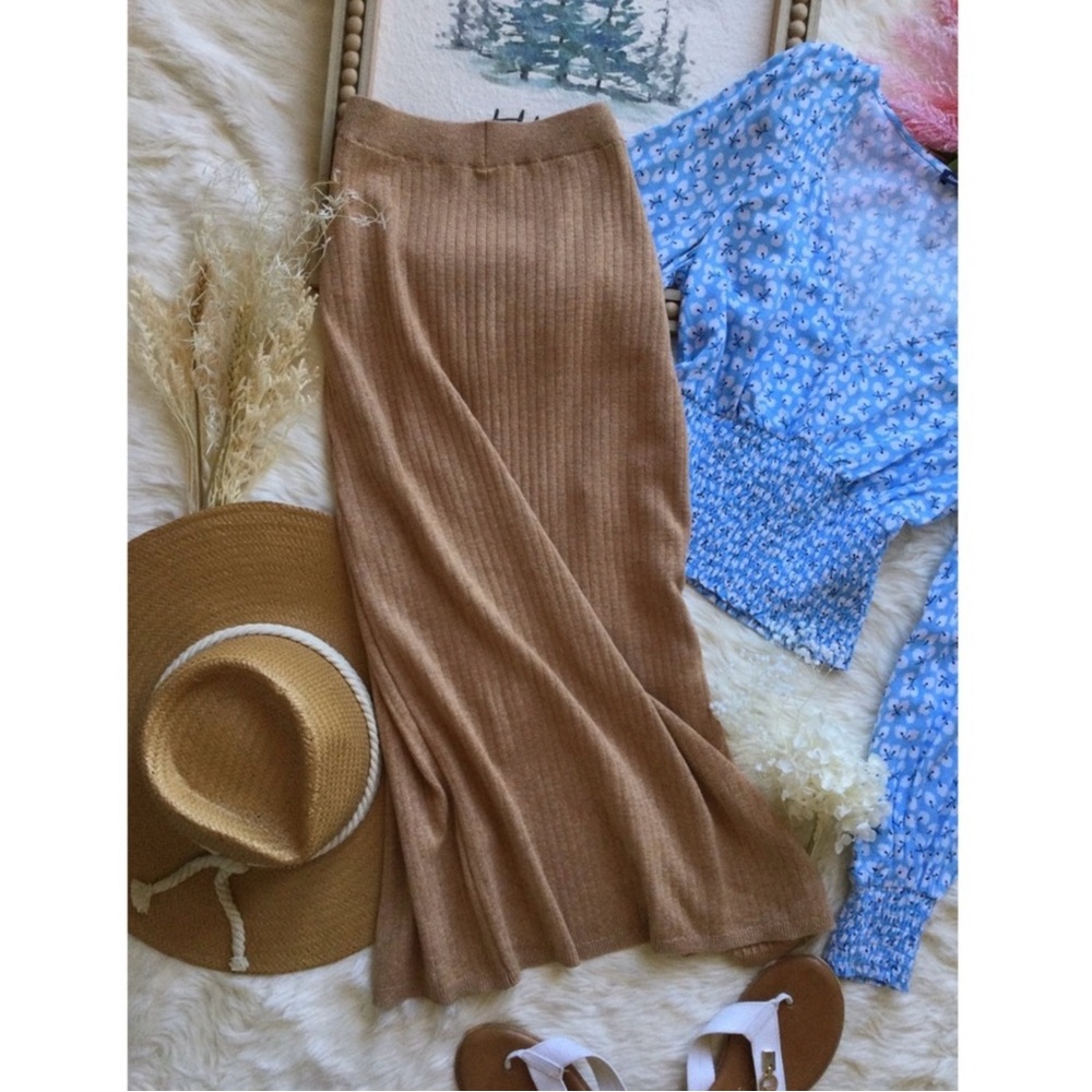 Free People XS Heathered Brown Ribbed Knit Slit Midi Skirt Western Boho Neutral - Picture 3 of 14